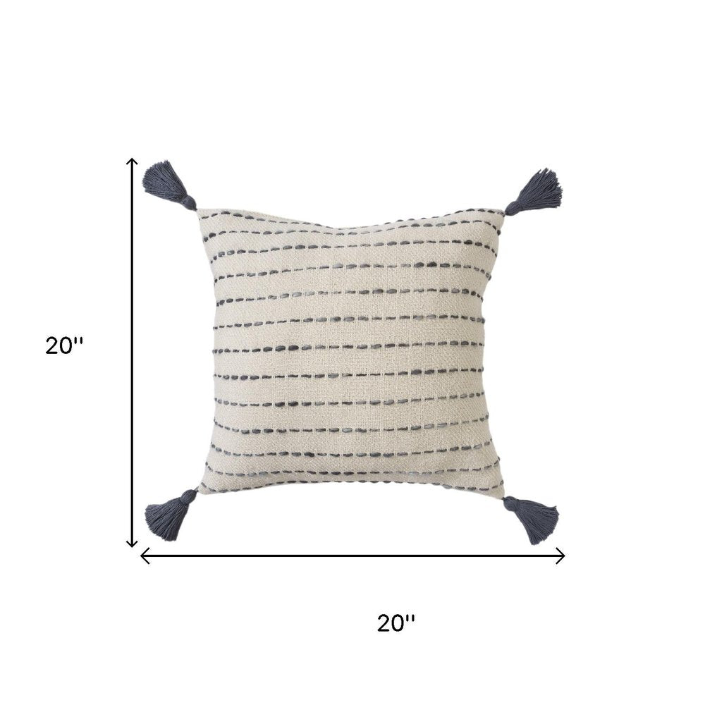 20" Beige And Gray Striped Cotton Blend Throw Pillow Cover with Tassels Embroidery And Texture