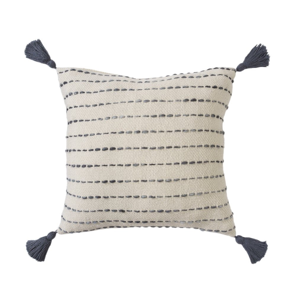 20" Beige And Gray Striped Cotton Blend Throw Pillow Cover with Tassels Embroidery And Texture