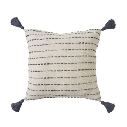 20" Beige And Gray Striped Cotton Blend Throw Pillow Cover with Tassels Embroidery And Texture