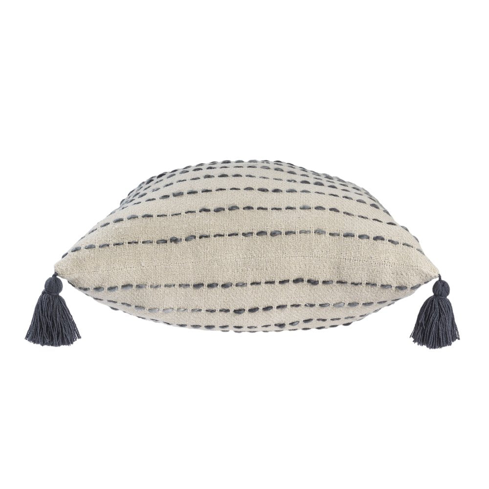 20" Beige And Gray Striped Cotton Blend Throw Pillow Cover with Tassels Embroidery And Texture
