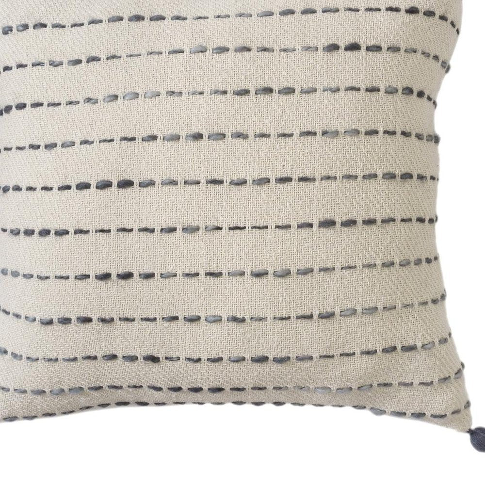 20" Beige And Gray Striped Cotton Blend Throw Pillow Cover with Tassels Embroidery And Texture