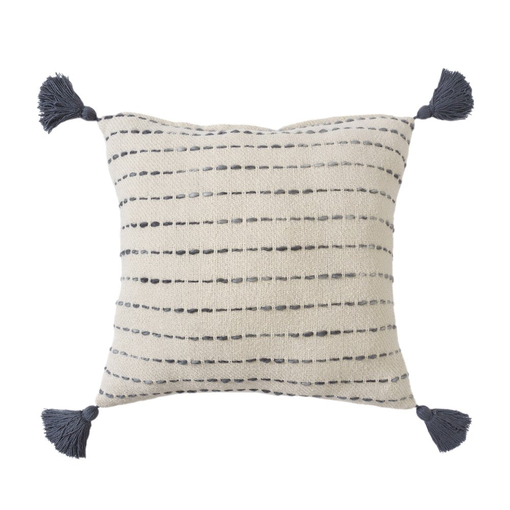 20" Beige And Gray Striped Cotton Blend Throw Pillow Cover with Tassels Embroidery And Texture