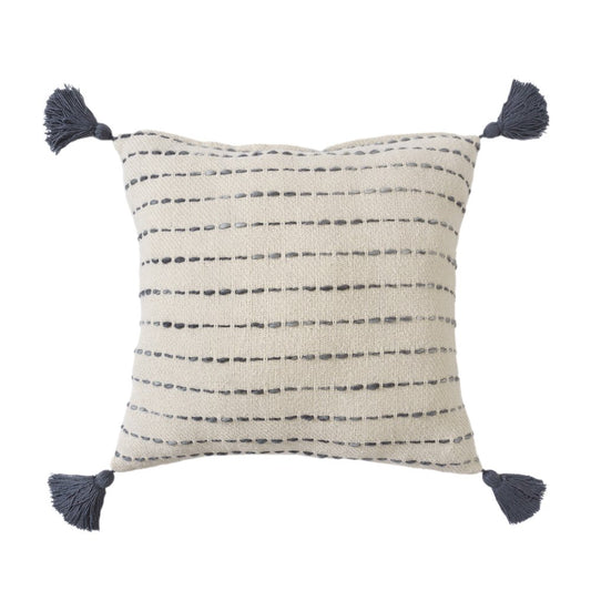 20" Beige And Gray Striped Cotton Blend Throw Pillow Cover with Tassels Embroidery And Texture