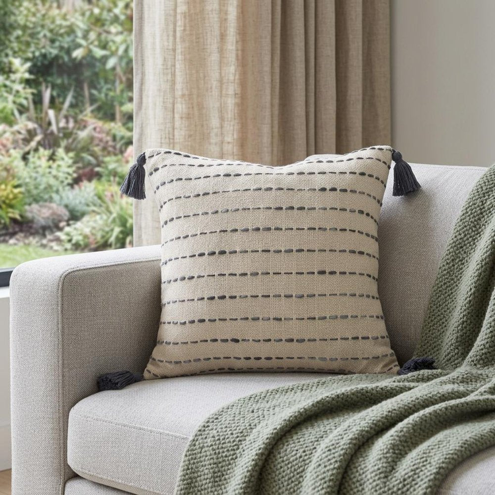 20" Beige And Gray Striped Cotton Blend Throw Pillow Cover with Tassels Embroidery And Texture