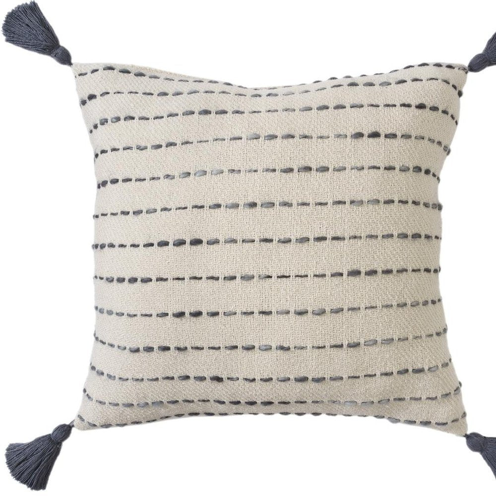 20" Beige And Gray Striped Cotton Blend Throw Pillow Cover with Tassels Embroidery And Texture