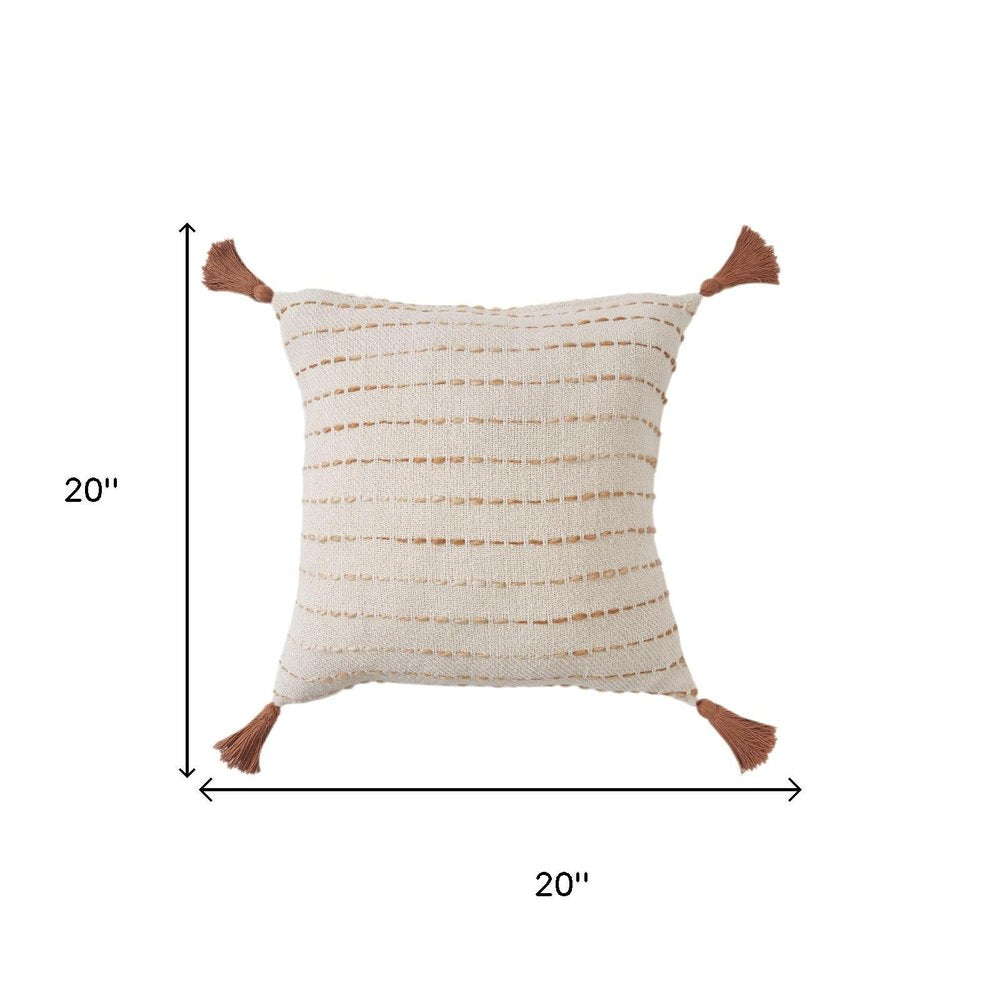 20" Beige And Ivory Striped Cotton Blend Throw Pillow Cover with Tassels