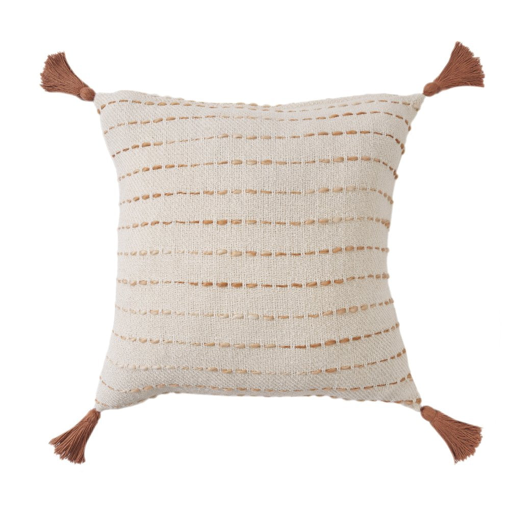 20" Beige And Ivory Striped Cotton Blend Throw Pillow Cover with Tassels
