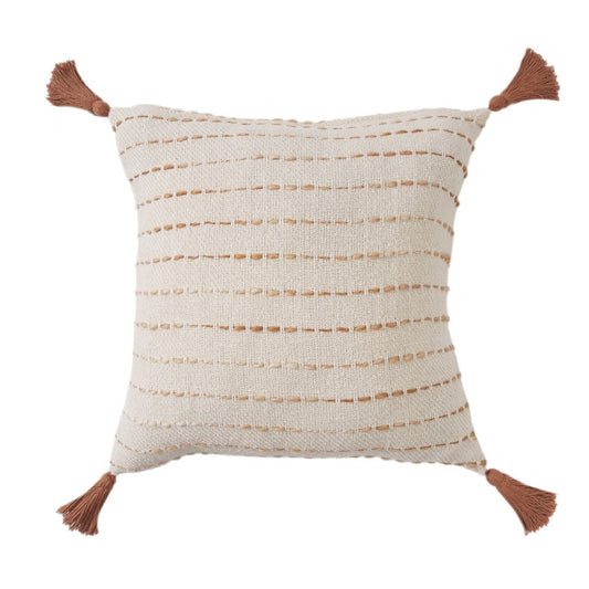 20" Beige And Ivory Striped Cotton Blend Throw Pillow Cover with Tassels