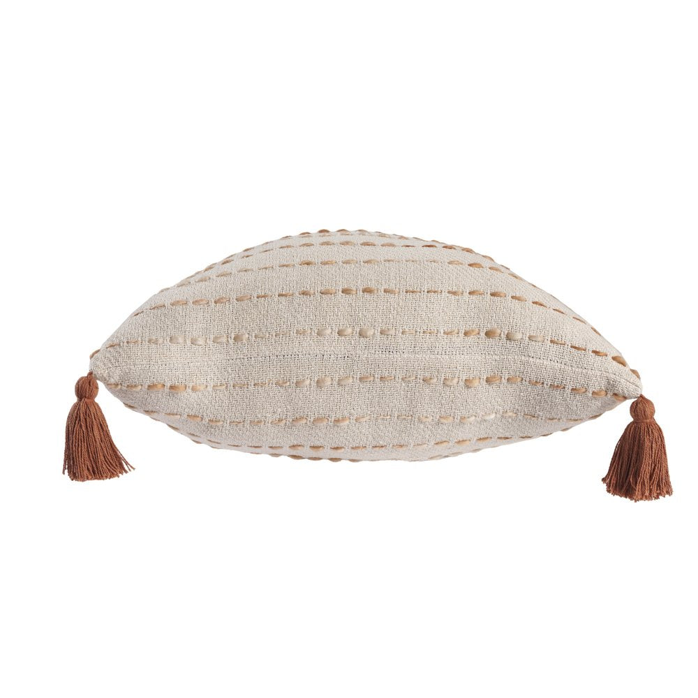 20" Beige And Ivory Striped Cotton Blend Throw Pillow Cover with Tassels