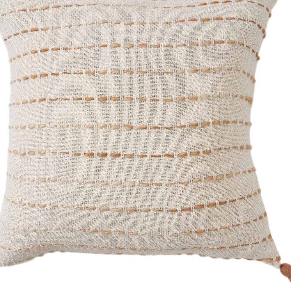 20" Beige And Ivory Striped Cotton Blend Throw Pillow Cover with Tassels