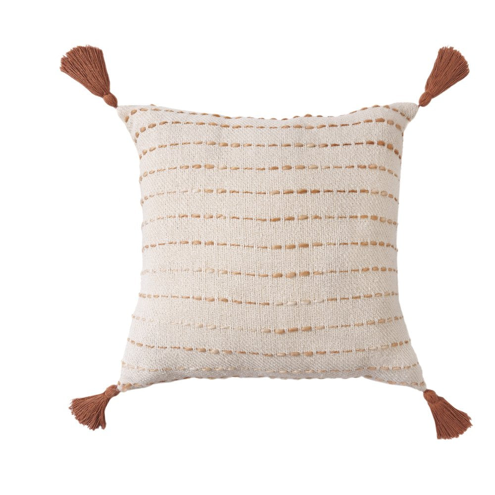 20" Beige And Ivory Striped Cotton Blend Throw Pillow Cover with Tassels