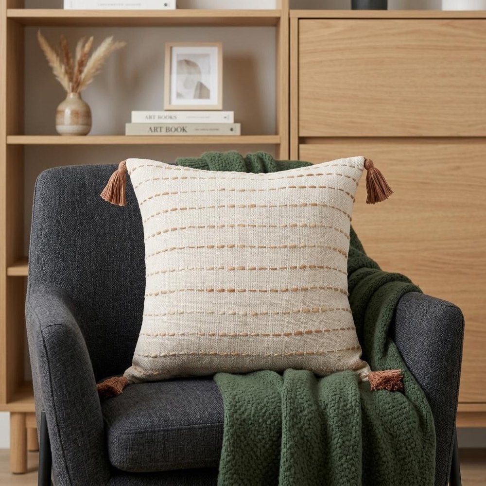 20" Beige And Ivory Striped Cotton Blend Throw Pillow Cover with Tassels