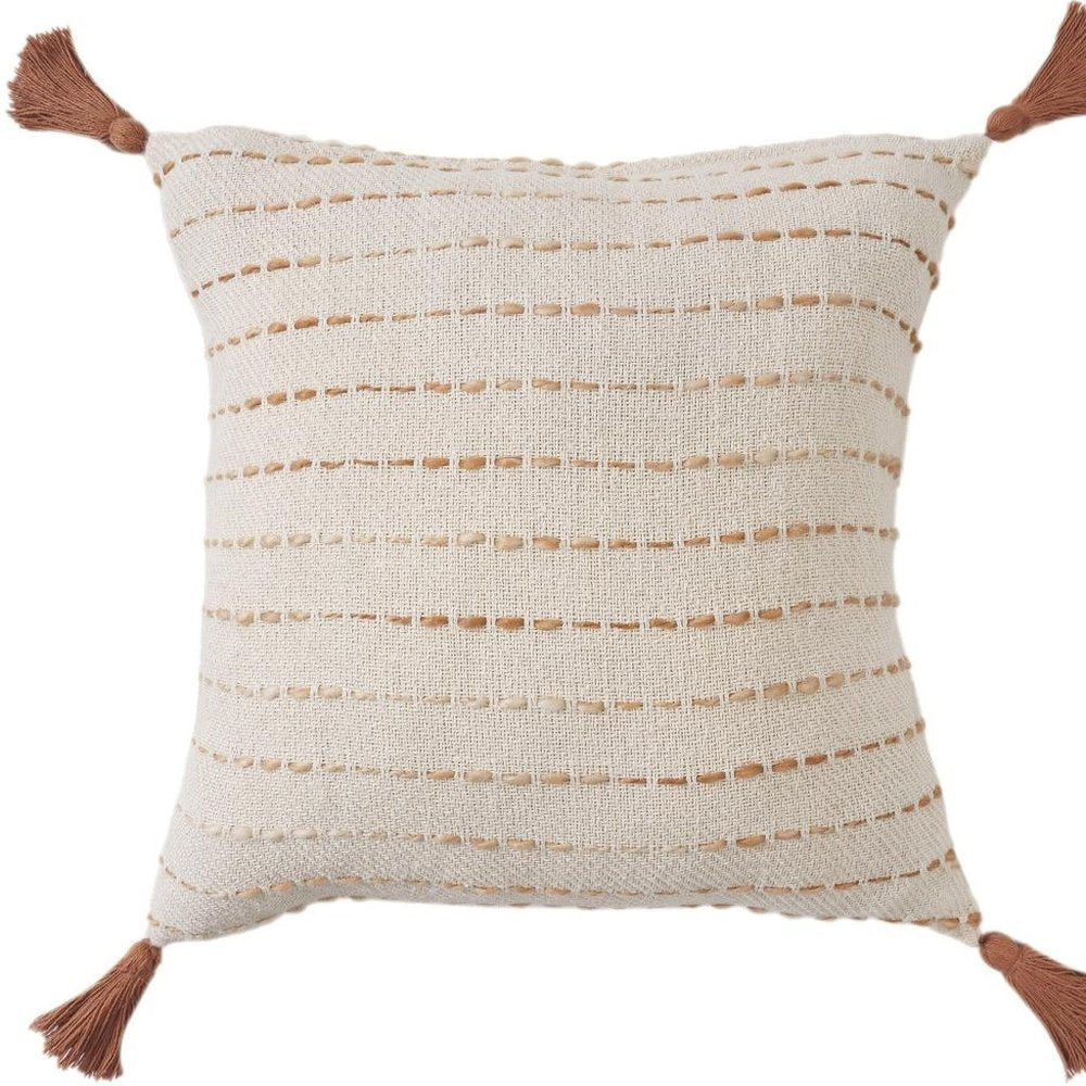 20" Beige And Ivory Striped Cotton Blend Throw Pillow Cover with Tassels