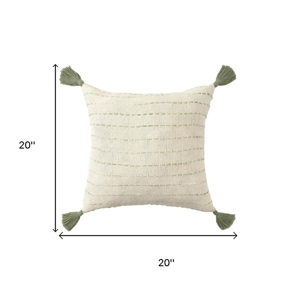 20" Green And Ivory Striped Cotton Blend Throw Pillow Cover with Tassels Embroidery And Texture