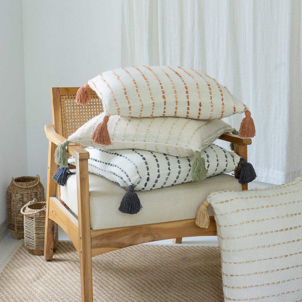 20" Sage And Ivory Striped Cotton Blend Throw Pillow Cover