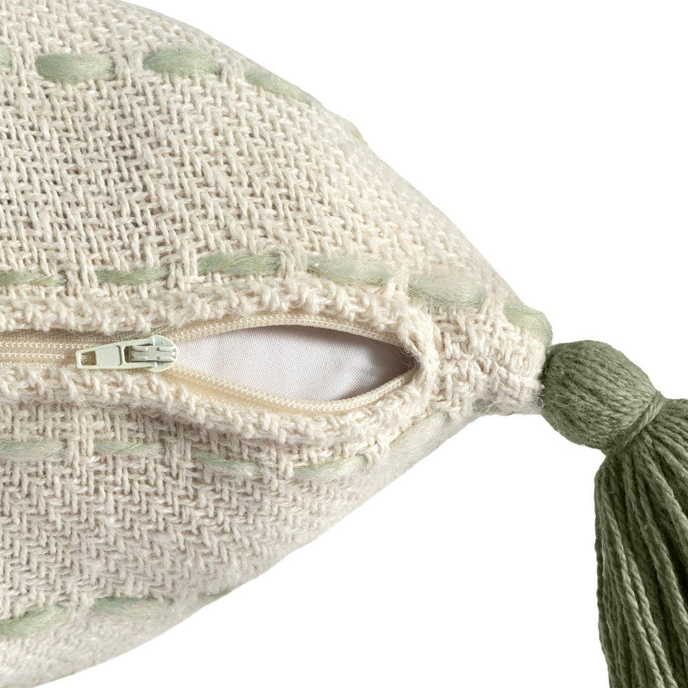 20" Green And Ivory Striped Cotton Blend Throw Pillow Cover with Tassels Embroidery And Texture
