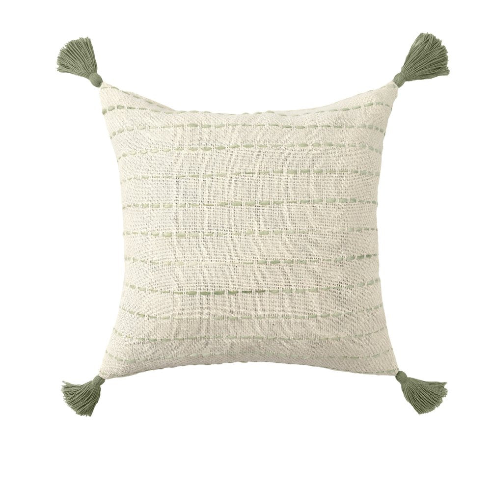 20" Green And Ivory Striped Cotton Blend Throw Pillow Cover with Tassels Embroidery And Texture
