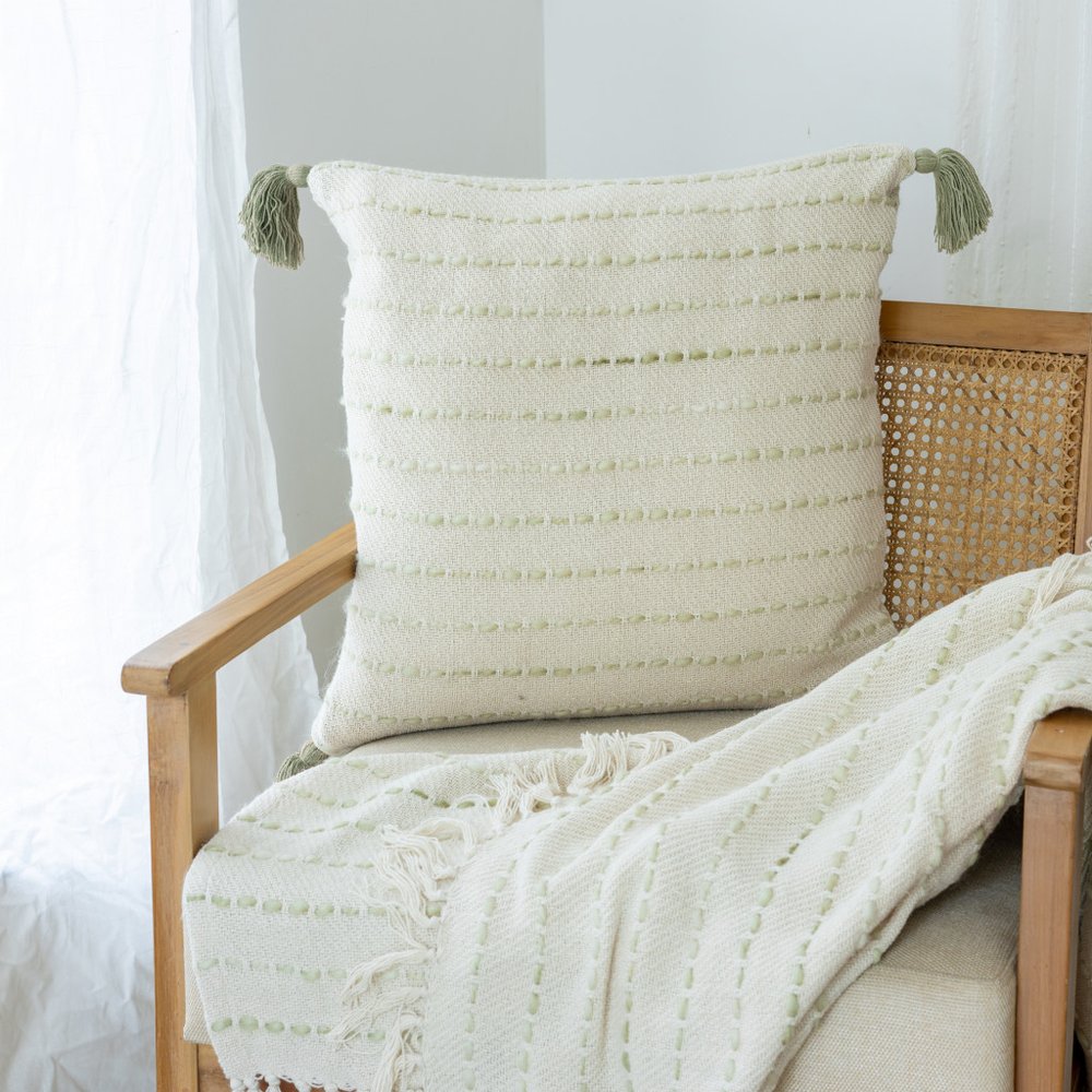 20" Sage And Ivory Striped Cotton Blend Throw Pillow Cover