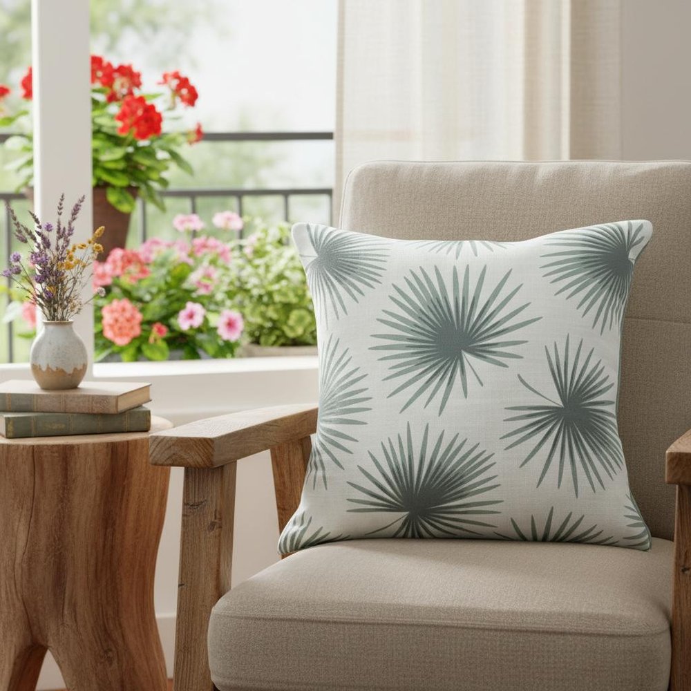 22" Green And White Beach Floral Throw Pillow Cover