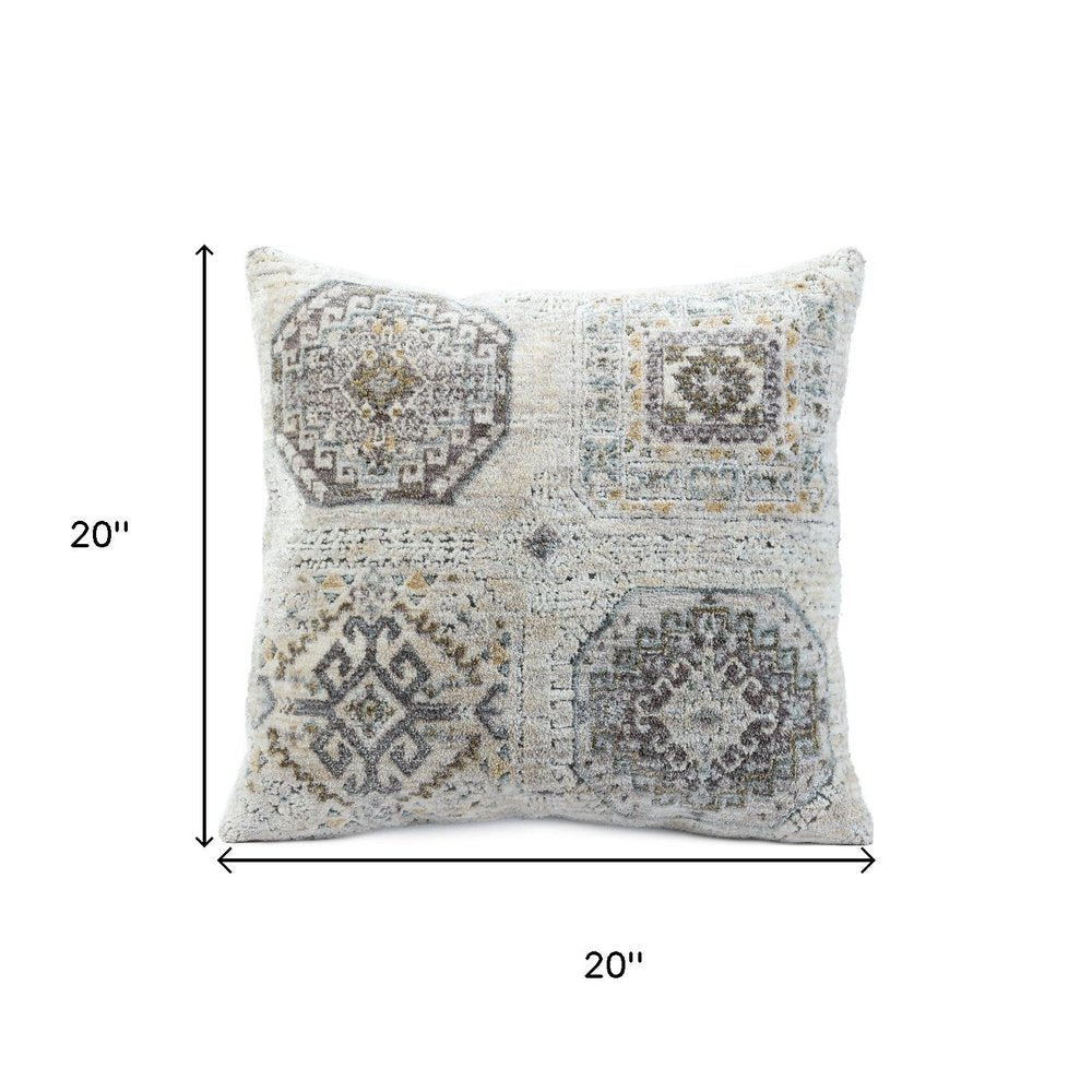 20" Light Gray And Ivory Medallion Throw Pillow Cover