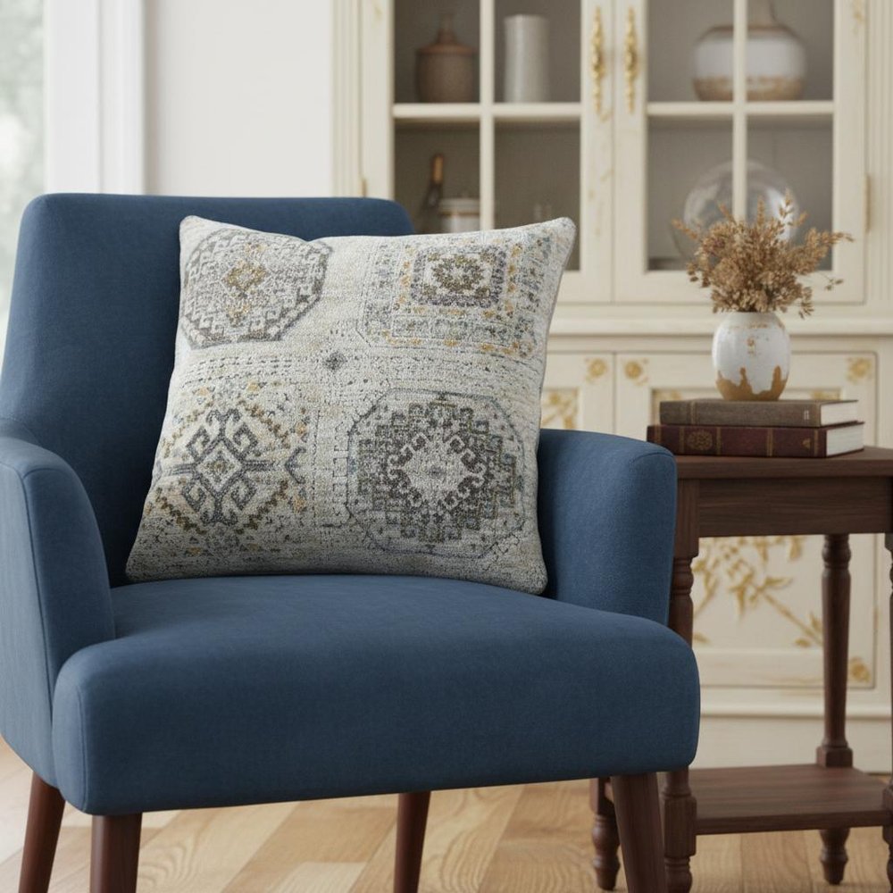 20" Gray And Ivory Medallion Throw Pillow Cover