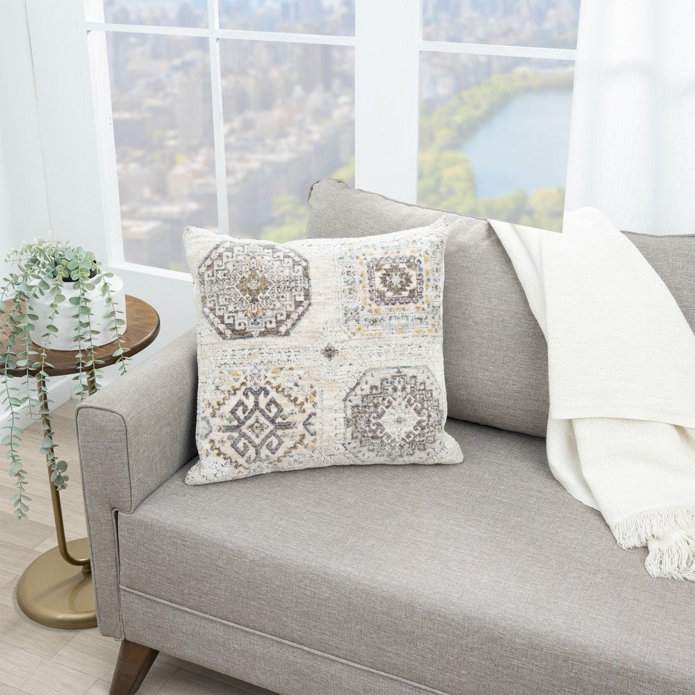 20" Light Gray And Ivory Medallion Throw Pillow Cover