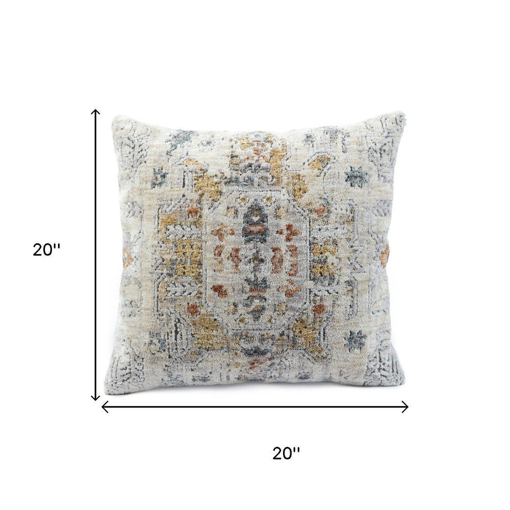 20" Light Gray And Yellow Medallion Throw Pillow Cover