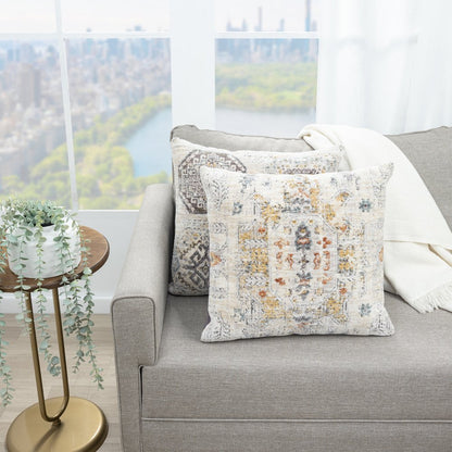 20" Light Gray And Yellow Medallion Throw Pillow Cover