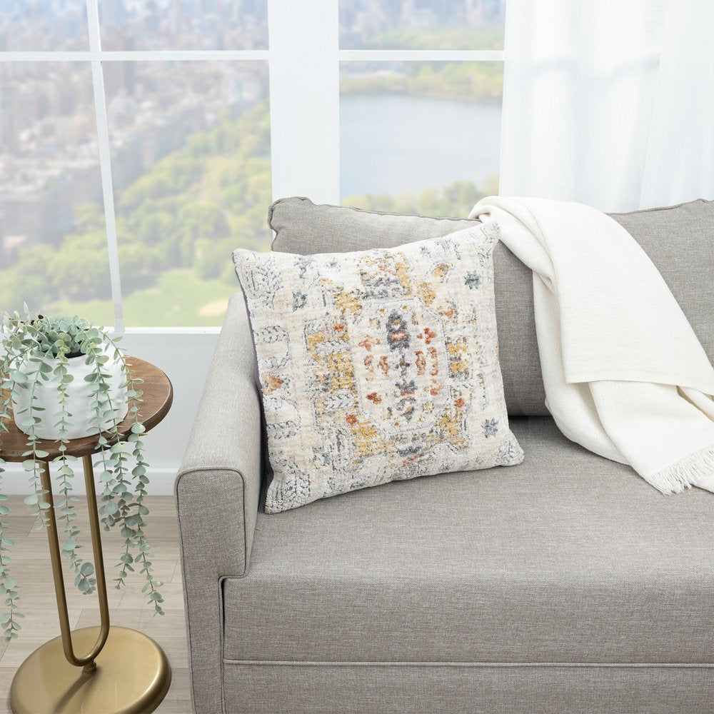 20" Light Gray And Yellow Medallion Throw Pillow Cover