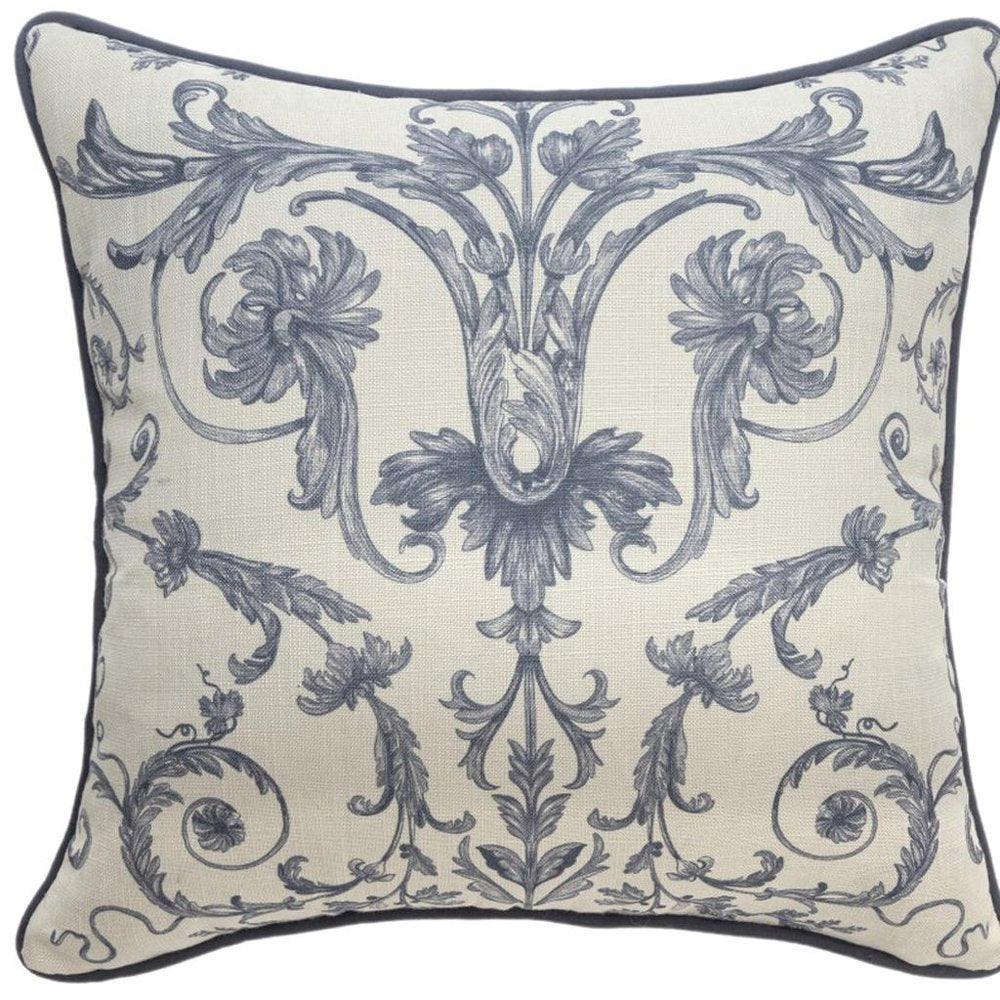 20" Ivory And Blue Damask Throw Pillow Cover