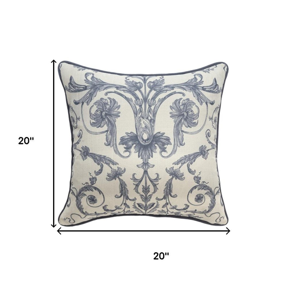 20" Blue And Ivory Damask Recycled Poly Linen Throw Pillow Cover