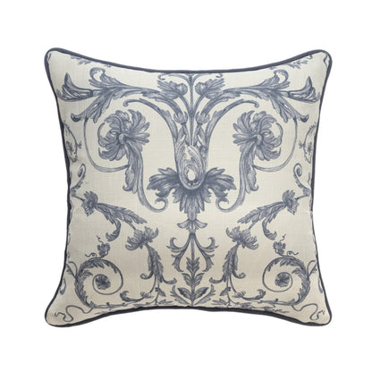 20" Ivory And Blue Damask Throw Pillow Cover