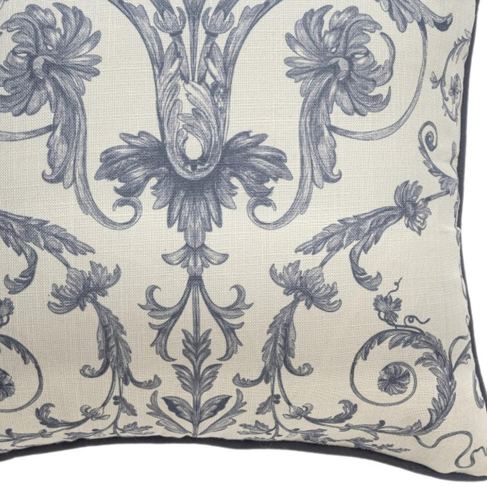 20" Blue And Ivory Damask Recycled Poly Linen Throw Pillow Cover