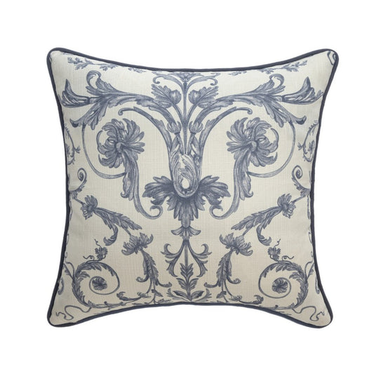 20" Ivory And Blue Damask Throw Pillow Cover
