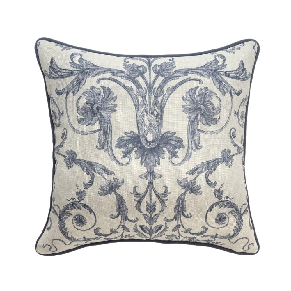 24" Blue And Ivory Damask Recycled Poly Linen Throw Pillow Cover
