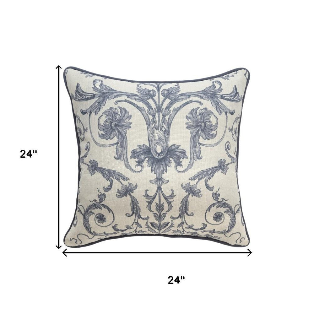 24" Blue And Ivory Damask Recycled Poly Linen Throw Pillow Cover