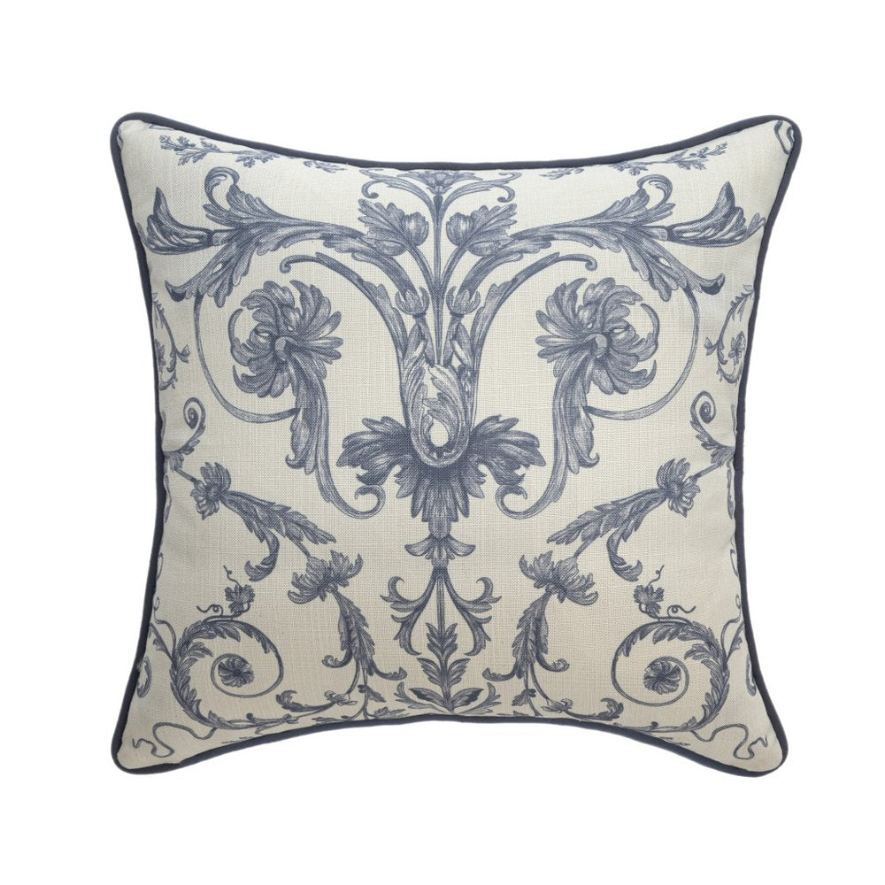 24" Blue And Ivory Damask Recycled Poly Linen Throw Pillow Cover