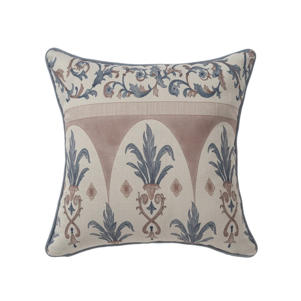 20" Blue And Brown Damask Recycled Poly Linen Throw Pillow Cover