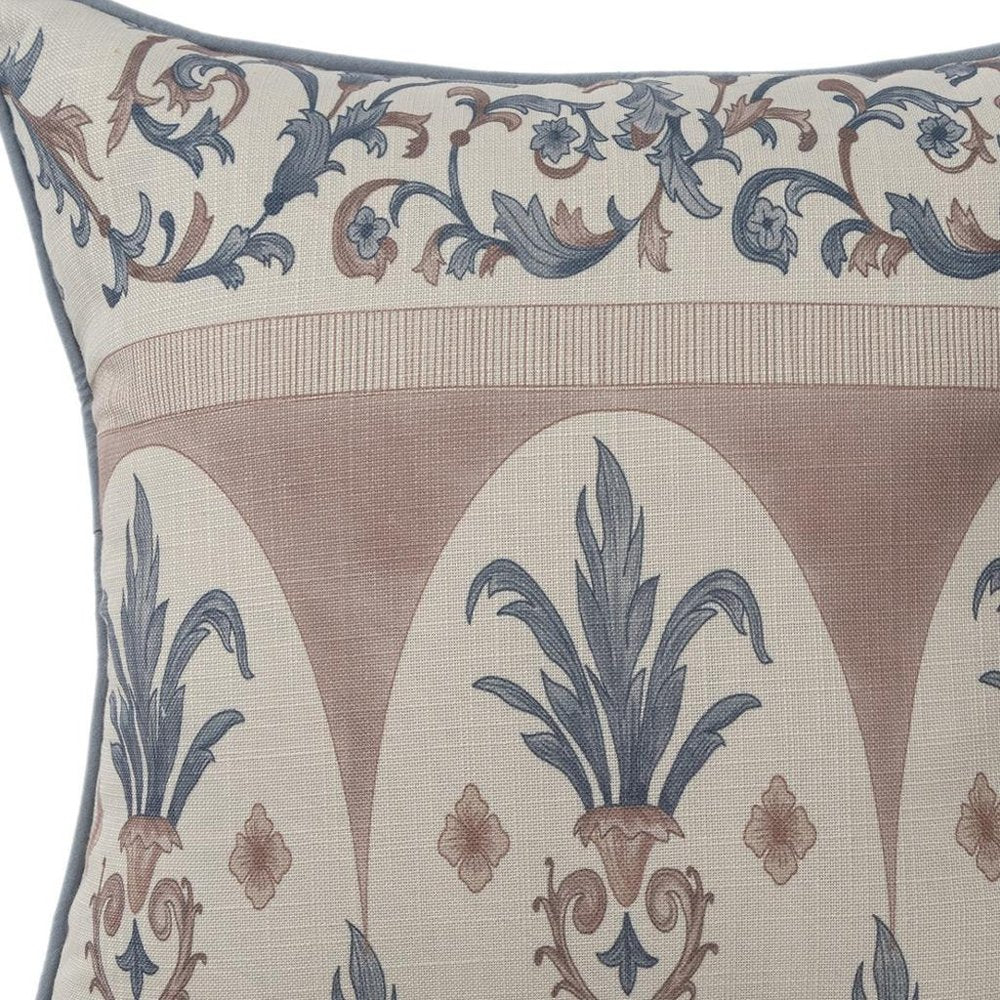 20" Ivory And Blue Damask Recycled Poly Linen Throw Pillow Cover