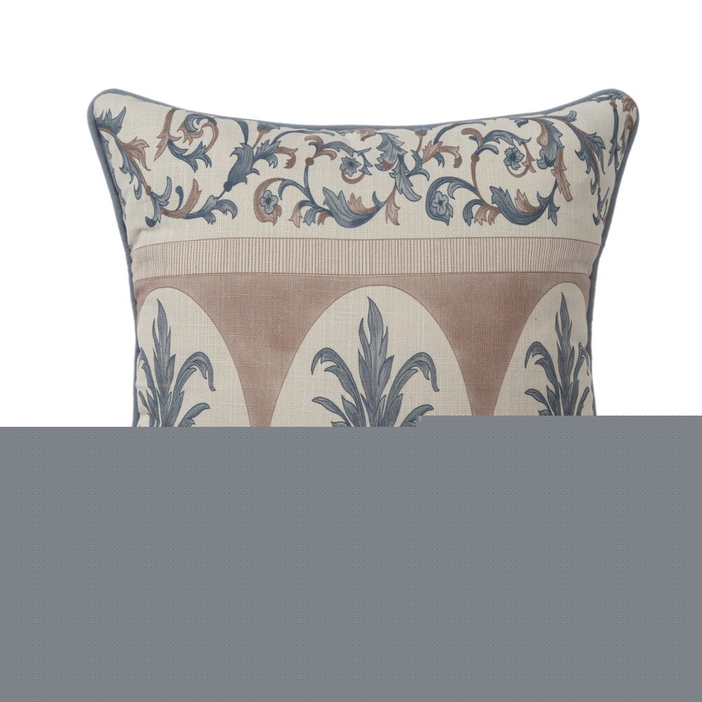 20" Blue And Brown Damask Recycled Poly Linen Throw Pillow Cover