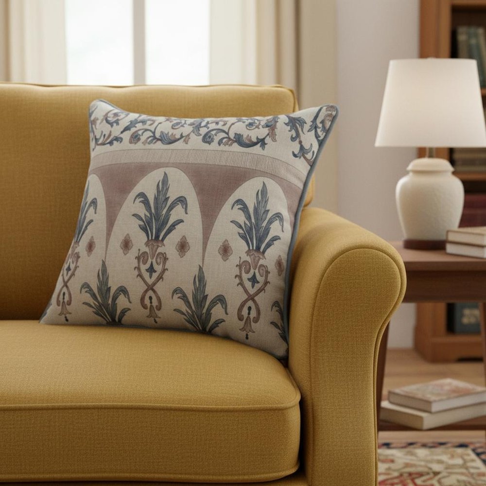 24" Blue And Brown Damask Recycled Poly Linen Throw Pillow Cover