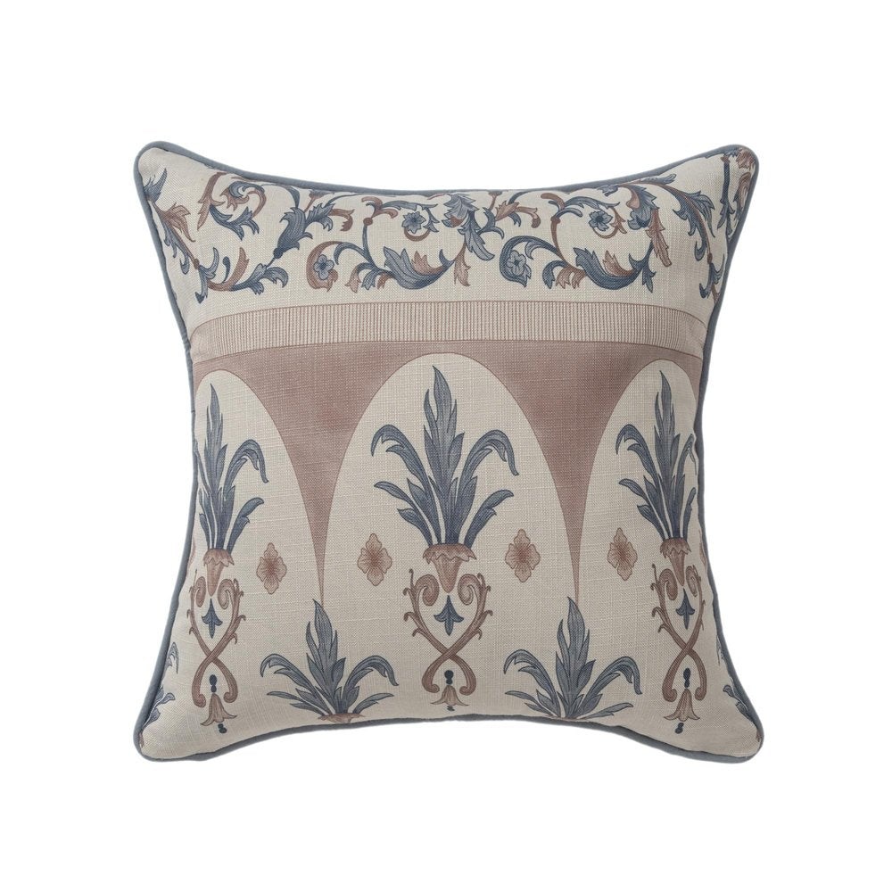 24" Ivory And Blue Damask Recycled Poly Linen Throw Pillow Cover