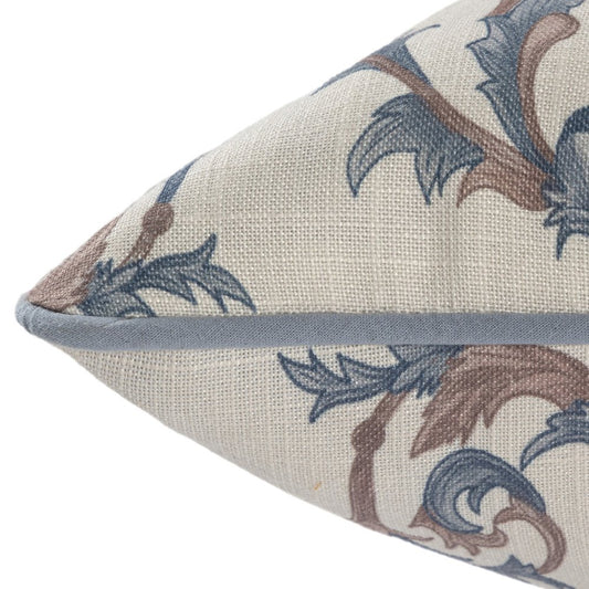 24" Blue And Brown Damask Recycled Poly Linen Throw Pillow Cover
