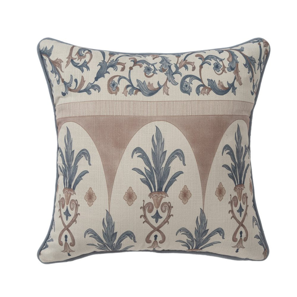 24" Blue And Brown Damask Recycled Poly Linen Throw Pillow Cover