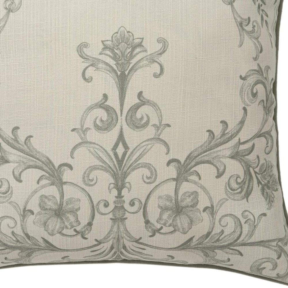20" Ivory And Green Damask Recycled Poly Linen Throw Pillow Cover