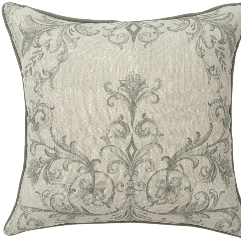 24" Ivory And Green Damask Recycled Poly Linen Throw Pillow Cover