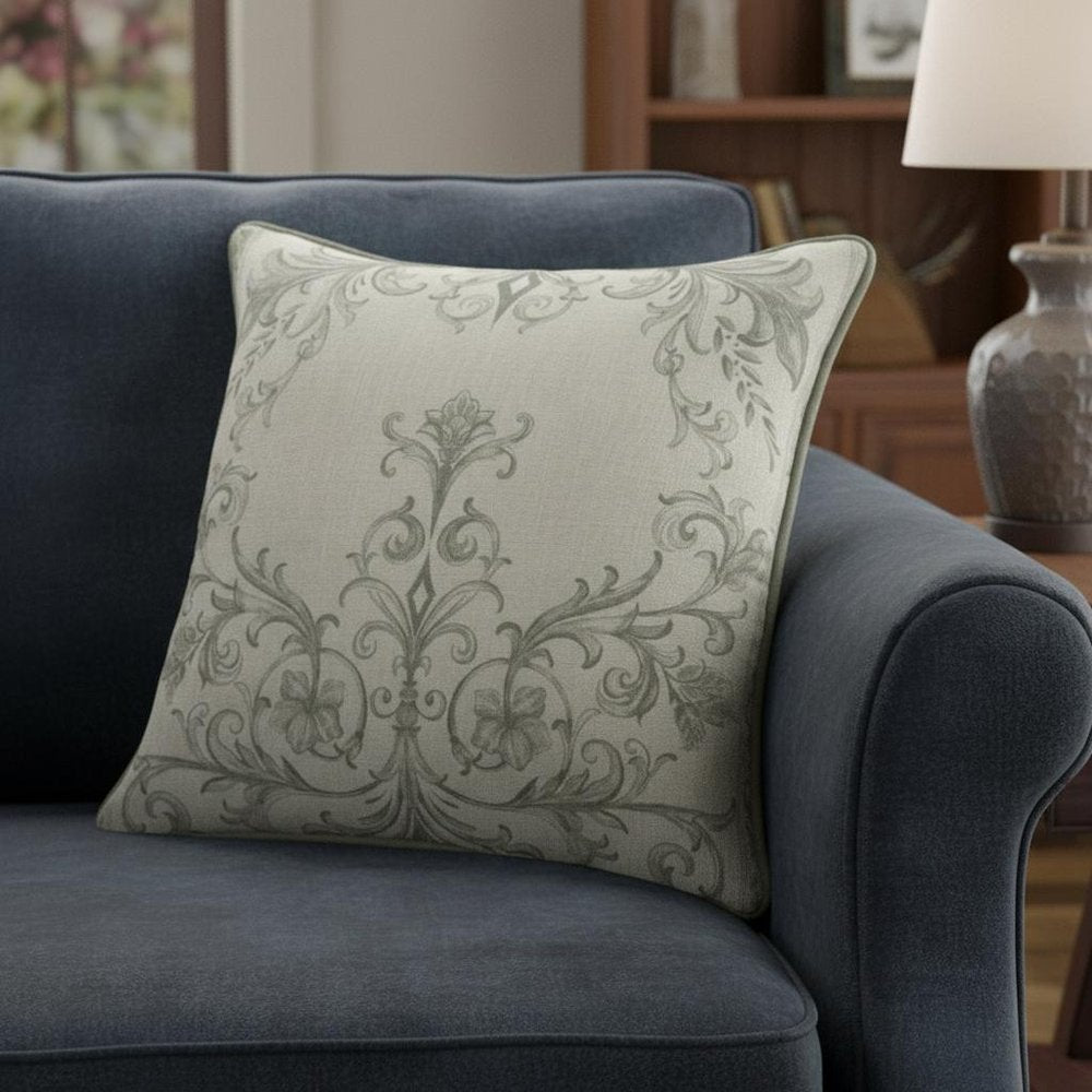 24" Ivory And Green Damask Recycled Poly Linen Throw Pillow Cover