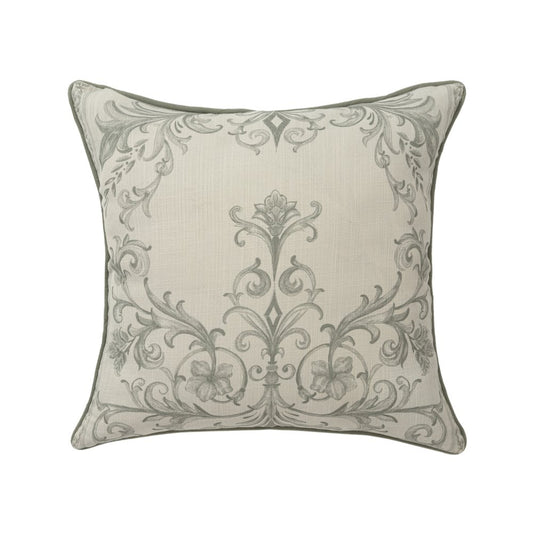 24" Ivory And Green Damask Recycled Poly Linen Throw Pillow Cover