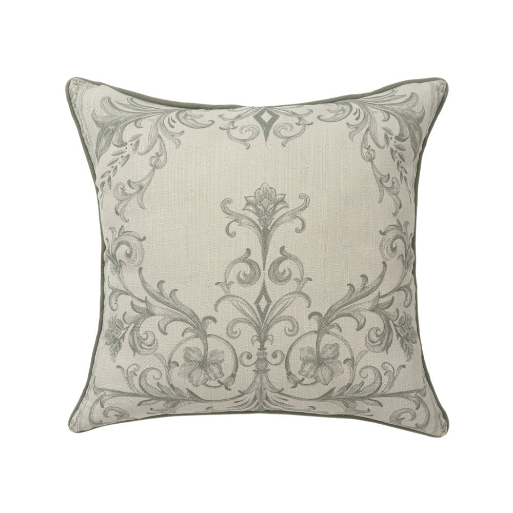 24" Ivory And Green Damask Recycled Poly Linen Throw Pillow Cover