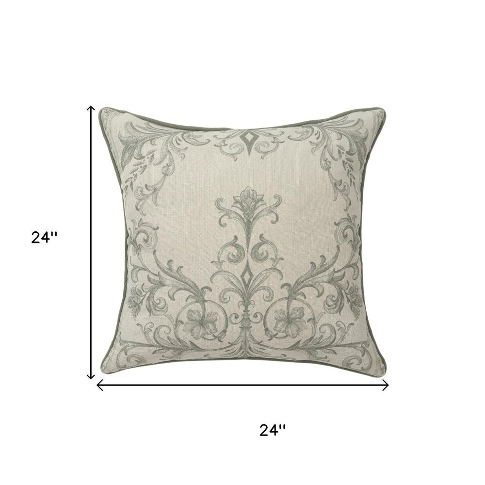 24" Ivory And Green Damask Recycled Poly Linen Throw Pillow Cover
